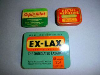 3 Old Medicine Tins - Aspir -,  Rectal Medicone & Ex - Lax 1930 ' s - 1950 ' s 3