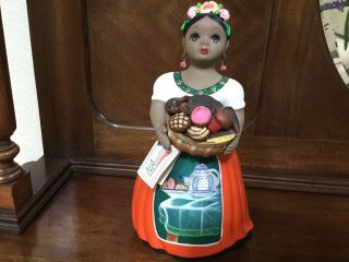 Lupita Navarro Ceramic Doll/figurine Mexico Folk Art Frida W/ Basket