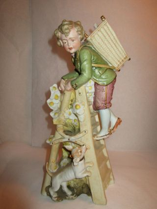 Antique Gebruder Heubach German Bisque Boy On Ladder & Dog Match Holder Figurine