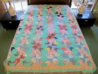 Needs Tlc On Borders: Vintage Old All Feed Sack Hand Sewn Wood Lily,  Star Quilt