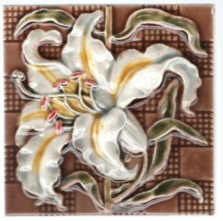 T G & F Booth - c1895 - White Lily - Antique Aesthetic Movement Fireplace Tile 2