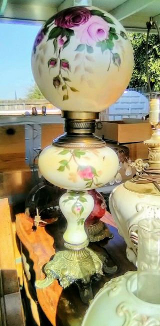 Antique Gwtw Hand Painted Oil Lamp Roses Hurricane Parlor Electric Estate