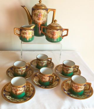 Vintage Meito Japan Porcelain Lustre Enamel Coffee Service Gold Gilded Flowers