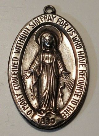 Virgin Mary Miraculous Medal 1830 925 Sterling Silver Vintage 1 1/4 "