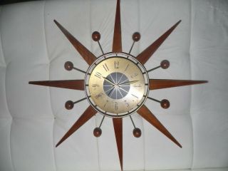 Vtg Mid Century Modern Eames Atomic Era Sunburst Starburst Clock Teak