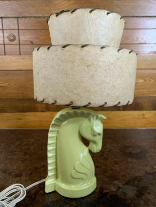 Vintage Mid Century Ceramic Boudoir Horse Head Lamp Fiberglass Shade Chartreuse