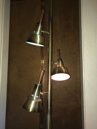 92 " Vintage Tension Pole Floor Lamp Mid Century Modern Light Gold Teak 3 Way 60s