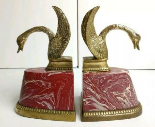 Set Of Vtg Mid Century Art Deco Solid Brass Swan Bookends On Red Marbled Base
