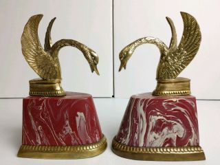 Set of VTG Mid Century Art Deco Solid Brass Swan Bookends on Red Marbled Base 2