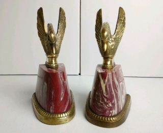 Set of VTG Mid Century Art Deco Solid Brass Swan Bookends on Red Marbled Base 3