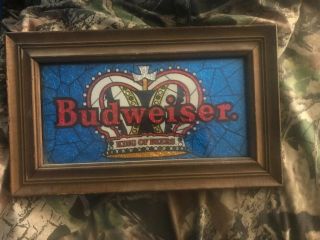 Vintage Budweiser Beer Crown Sign King Of Beers Carnival Glass Color Foil 13 " X7 "
