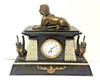 Vintage Egyptian Revival Marble Bronze Clock Brass Key Wind Movement