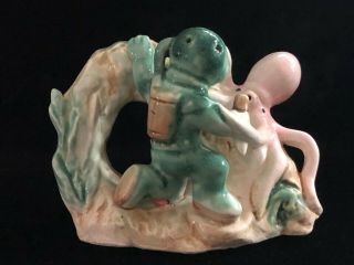 Vintage Japan Glazed Ceramic Aquarium Decoration Scuba Diver Fighting Octopus