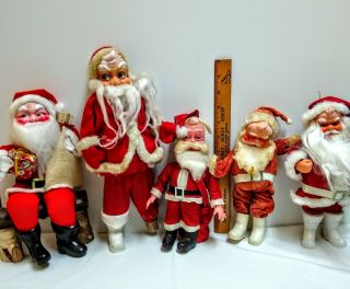5 Vintage Santa Claus Dolls.  Rubber Heads & Celluloid Head With Googly Eyes