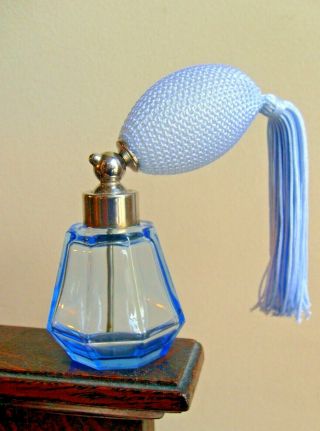 Antique Art Deco Czech Neon Blue Perfume Bottle Signed - Atomizer