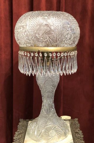 Magnificent Antique Huge 25” Cut Glass Crystal Mushroom Shade Lamp All Prisms