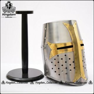 Medieval Crusader Helmet Templar Knight Helmet Silver Finish Brass Design Liner