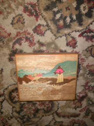 Vintage Wood Japanese Puzzle Box,  Secret Drawer,  Mt.  Fuji.  In.