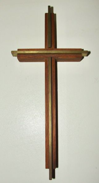 Vintage 1965 Mcm Mid Century Modernist Gold Brass Wood Wall Cross Crucifix