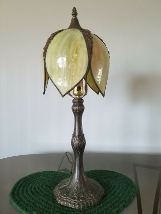 Vtg Antique 6 Panel Green Slag Glass Lamp Tulip Shaped