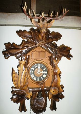 Very Rare German Black Forest Steinadler Deeply Carved Quail Hunter Cuckoo Clock