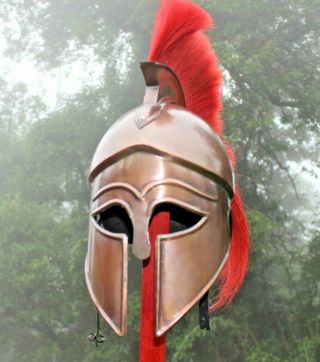 Greek Corinthian Helmet Red Plume Armour Medieval Knight Spartan Wood Stand