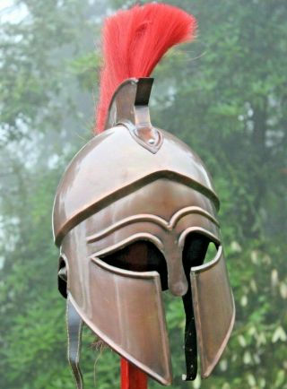 Greek Corinthian Helmet Red Plume Armour Medieval Knight Spartan wood stand 3