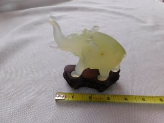 Antique Chinese Hand Carved Green Jade Elephant With Wood Stand