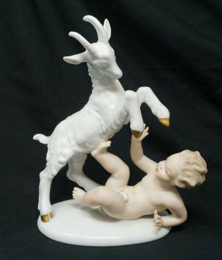 Vintage Wallendorf German Porcelain Figurine,  Cherub Playing With Goat