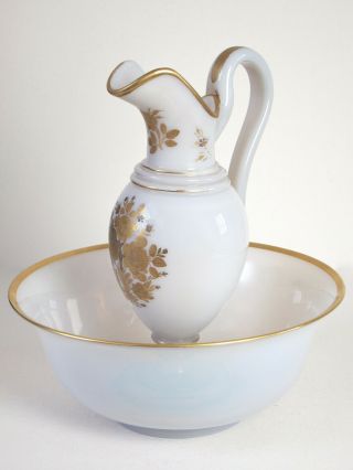 Antique French Opaline Glass Bowl & Pitcher Wash Set,  Empire Style C.  1800 