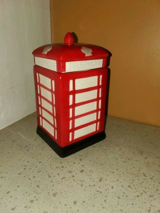 Vintage London British Red Phone Booth Ceramic Cookie Jar Biscuit Barrel Euc