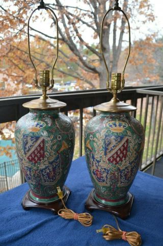 Vintage Pair Table Lamps Art Deco Ceramic Floral Flower Tall 31