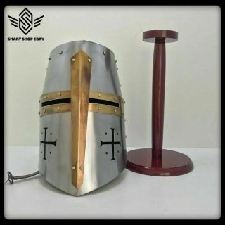 Medieval Crusader Helmet Templar Knight Helmet Silver Finish Brass Double Cross