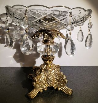 Vintage Hollywood Regency Ornate Gold Brass Crystal Prism Compote