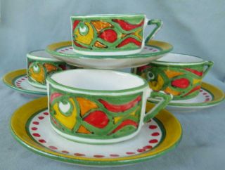 4 Vintage Mid Century Desimone Art Pottery Cups & Saucers