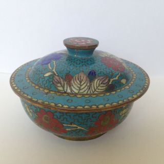 Vintage Antique Asian Chinese Cloisonne Enamel Lidded Bowl W Flowers 