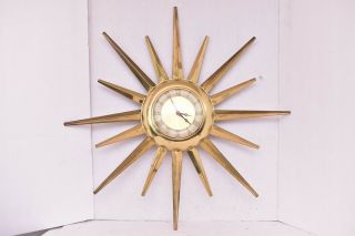 United Starburst Sunburst Vintage Mid Century Modern Brass Atomic Wall Clock Mcm