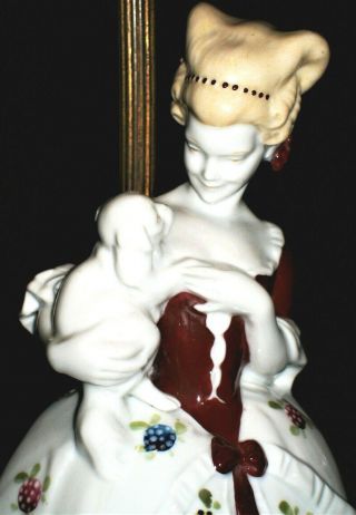 Antique German Art Deco Katzhutte Lady With Dog Porcelain Ormolu Lamp Figurine
