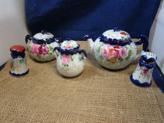 Antique Cobalt Blue W/flowers Teapot Sugar Creamer Salt/pepper Shaker