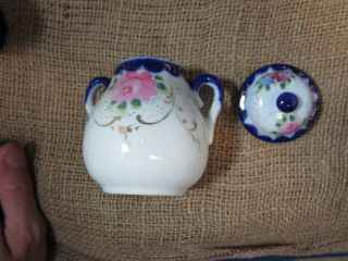 Antique Cobalt Blue w/Flowers Teapot Sugar Creamer Salt/Pepper Shaker 3