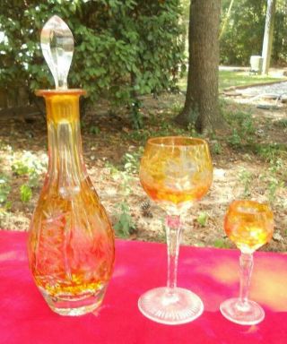 Vintage Bohemian Amber Cut To Clear Crystal Decanter & Stopper & 2 Glasses