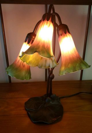 Tiffany Style Lily Pad 3 - Tulip Green & Orange Glass Shade Decor Table Desk Lamp