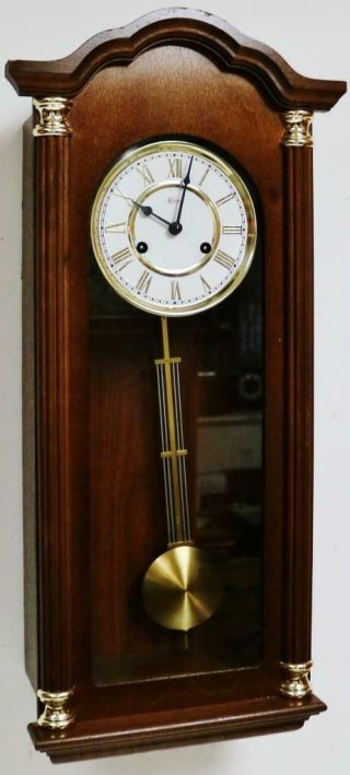 Small Vintage Franz Hermle 8 Day Mahogany Slimline Gong Striking Wall Clock