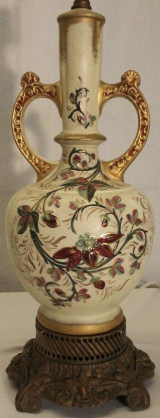1920s Antique French Victorian Porcelain Hand Painted And Gold Inlaid Lamp