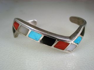 Old Zuni Navajo Sterling Silver & Turquoise Coral Inlay Lightning Bracelet