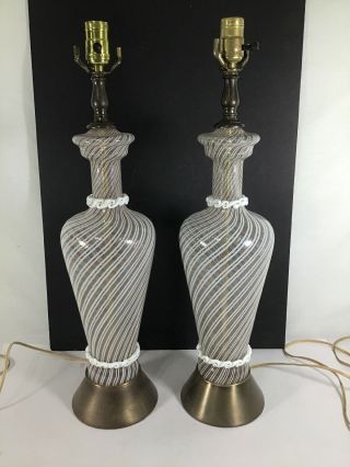 Vintage Pair (2) Murano Glass Table Lamps Gold Inclusions