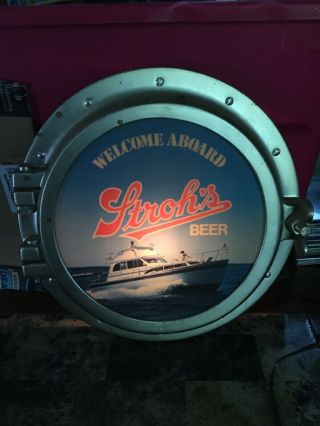 Vintage Welcome Aboard Stroh’s Beer Light Sign Porthole Bar Man Cave -