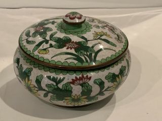 Vintage Antique Asian Chinese Cloisonne Enamel Lidded Bowl w Flowers ' CHINA ' 3