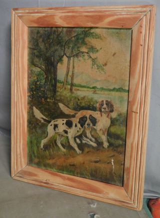 Vintage Primitive Adirondack Oil Painting Hunting Bird Dogs Pointers Pine Frame