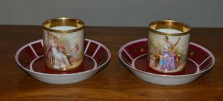 Antique 2 Royal Vienna Demitasse Cups & Saucers – Artist Signed - W/gold